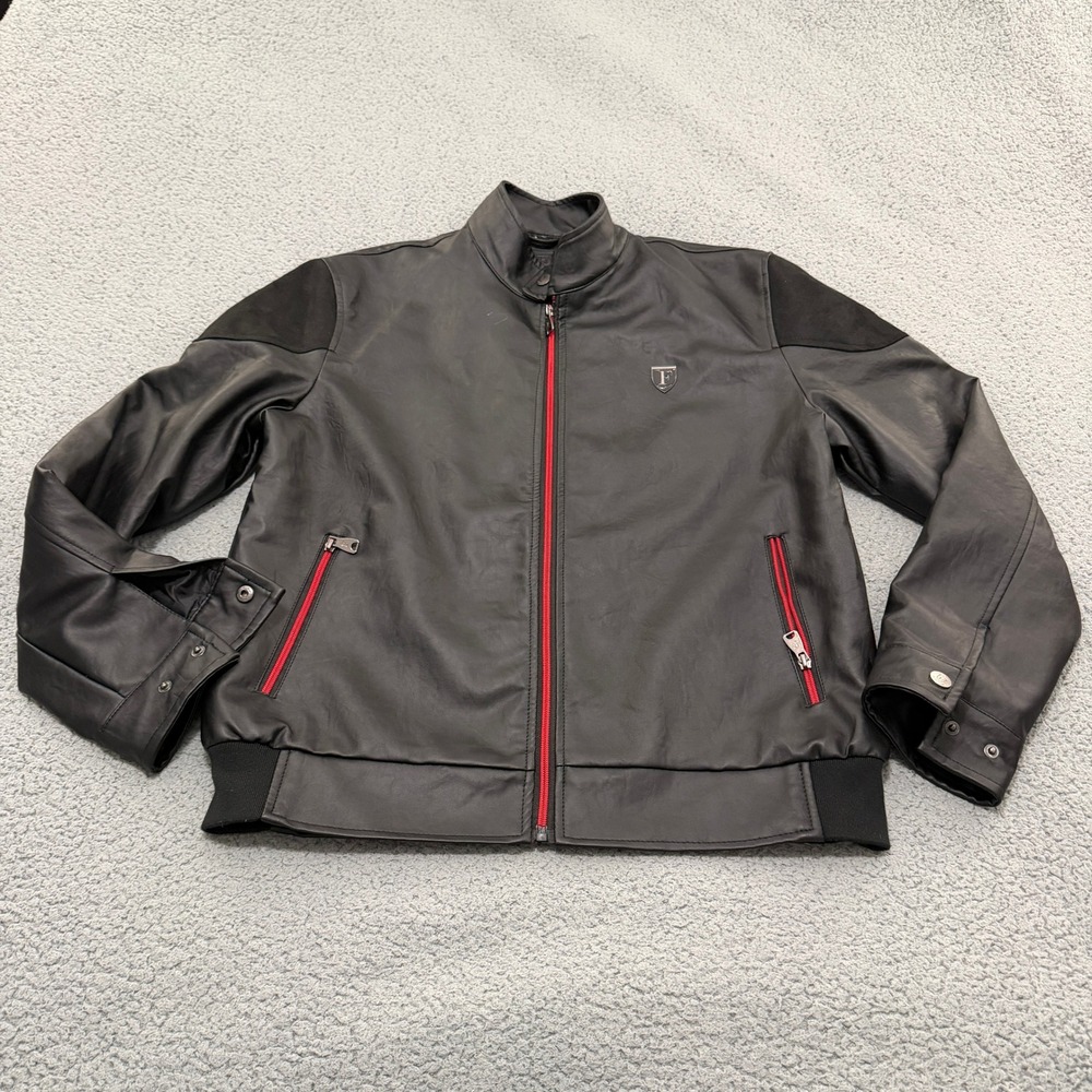 F Collections Jacket Mens Size L Black Leather Cafe Racer Moto Red Zip